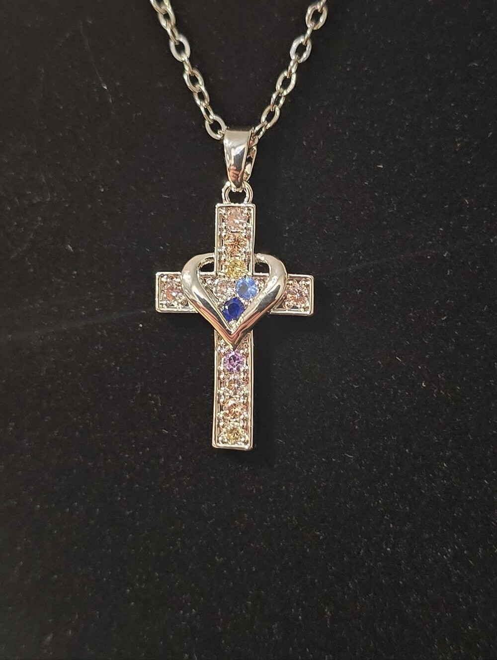Silver Tone Heart Cross Necklace Colorful CZ Crystal Birthstone Pendant WomenThe